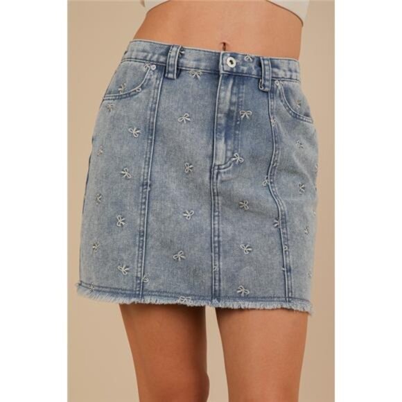 nwt VERY J Bow Printed Casual Denim Mini Skirt - Picture 3 of 5